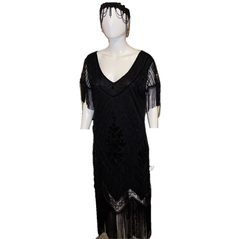 Roaring 20’s Elegant Flapper Dress Black Beaded Fringe Dress headband Set